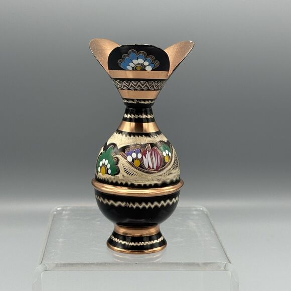 Vtg Copper Ornate Etched Hand Painted Bud Vase Decorative Hair Pin Holder Vanity - Picture 8 of 8